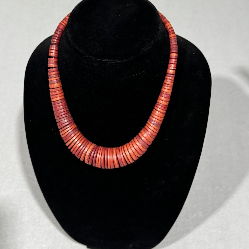 Bead Necklace Women Burnt Orange Vintage Graduated Disc Boho Statement
